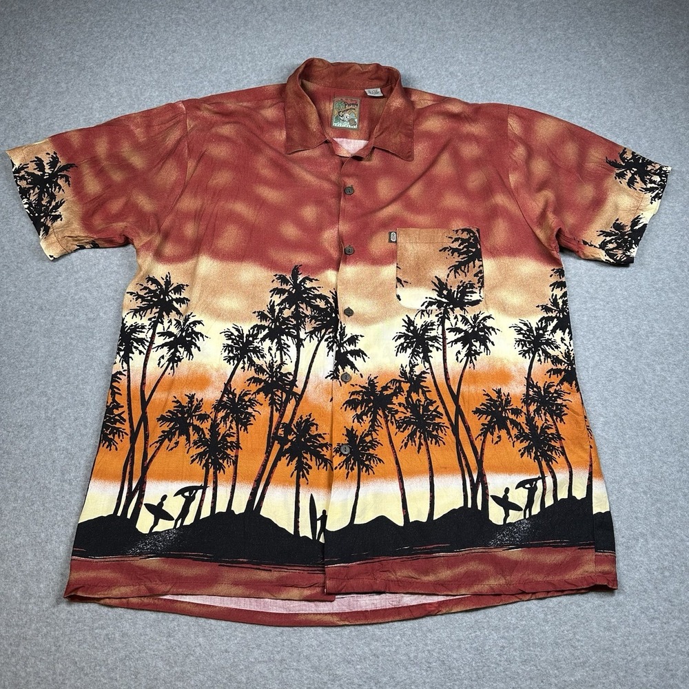 Vintage Pineapple Connection‎ Rayon Hawaiian Sunset Palm Shirt L Korea